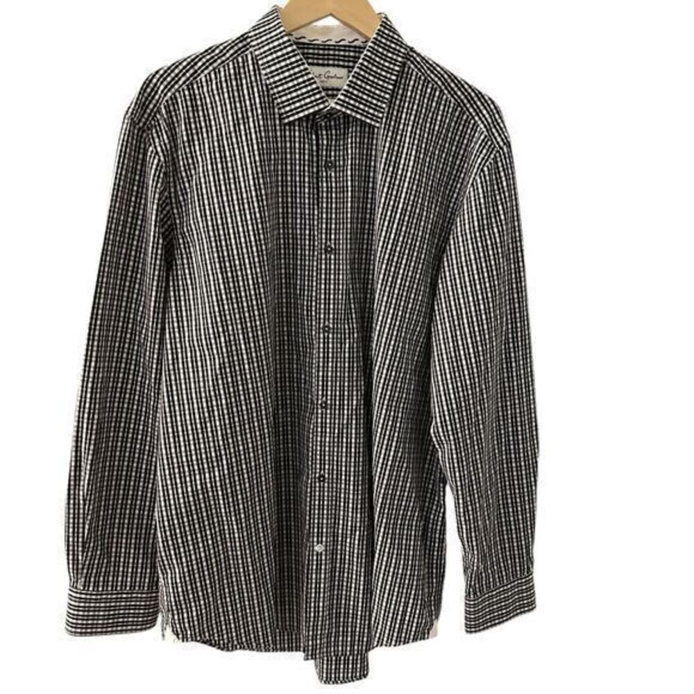 Robert Graham Gingham Black White Plaid Long Sleeve‎ Button Shirt Size 44 17.5 L